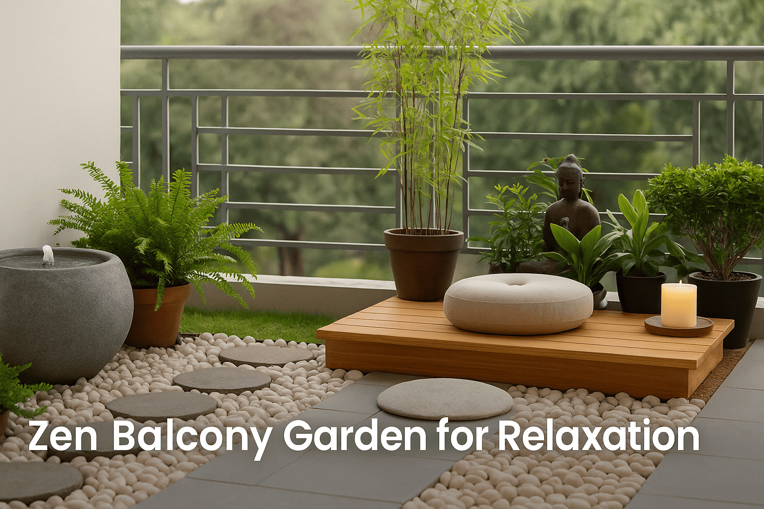 Zen balcony garden with Buddha statue, bamboo, water fountain, plants, and meditation platform — peaceful balcony retreat setup by Urban Plant